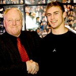 Craig Howard, SOU's head football coach shakes hands with Matt Retzlaff, the 17-year old from South Medford who just signed on with the Raiders, during the signing party at Louie's on Wednesday. Photo by Troy Goossen/The Siskiyou