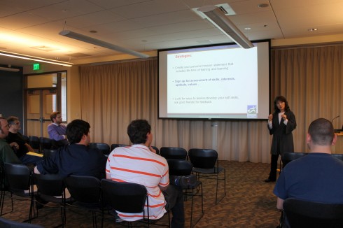 Ainoura Oussenbec, workforce analyst, gave insight on the job market and helpful hints during a seminar for the upcoming career fair.