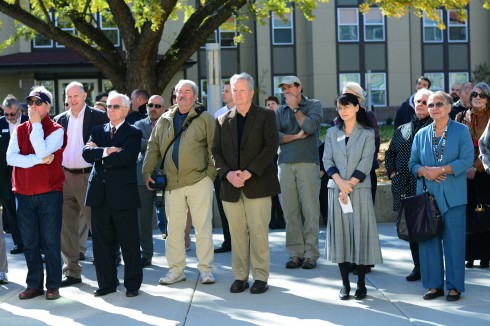 Faculty and chair members gather in front of McLaughin to cut the ribbon for the new residnece halls. (Photo Cred: Robbie Wilkins/The Siskiyou)