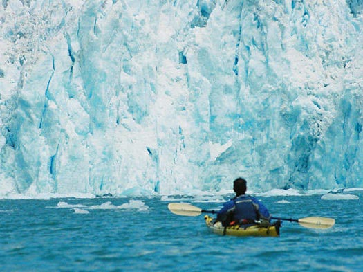 A student paddles by a glacier in the Alaskan rain forest.