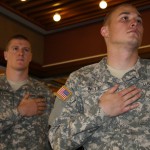 Reserve Officers’ Training Corps cadets Shane Corley (left) and Matthew Witt (right) at the Veterans Day Reception in the Rogue River Room of the Stevenson Union on Thursday, Nov. 10.