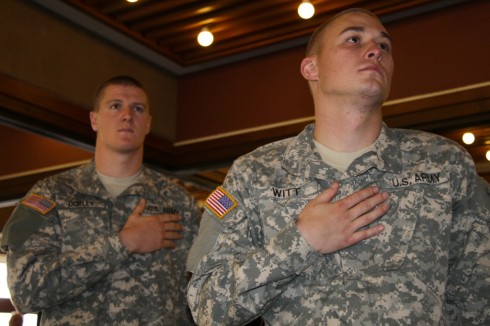 Reserve Officers’ Training Corps cadets Shane Corley (left) and Matthew Witt (right) at the Veterans Day Reception in the Rogue River Room of the Stevenson Union on Thursday, Nov. 10.