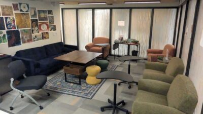 Photograph of the Disability Resources office at Southern Oregon University, including comfortable seating and fixtures