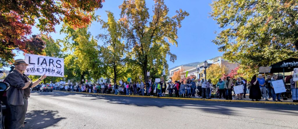Man holds Liars, Fire Them All sign while other protestors line the streets in Ashland, Oregon's town center